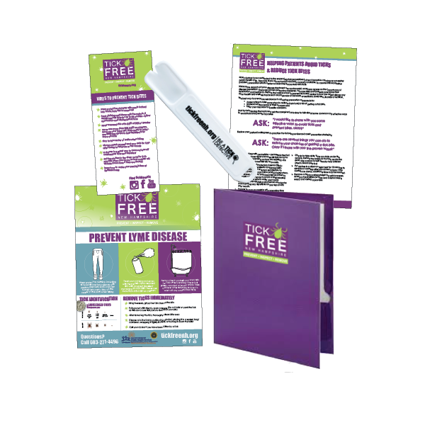 TickfreeNH Health Care Practice packet contains the rack card, poster, factsheet, tick scoop and branded folder.