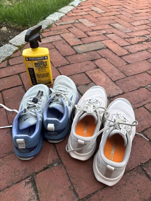 permethrin spray treated sneakers outdoors on a walkway